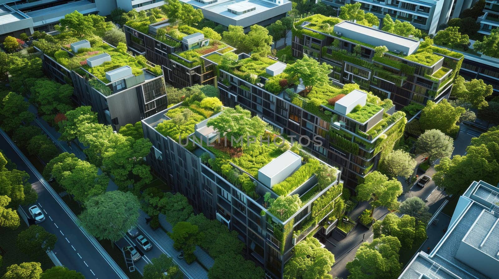 An urban design featuring buildings with rooftop gardens, showcasing a green cityscape. The skyline blends with the natural landscape, as clouds drift across the sky above AIG41
