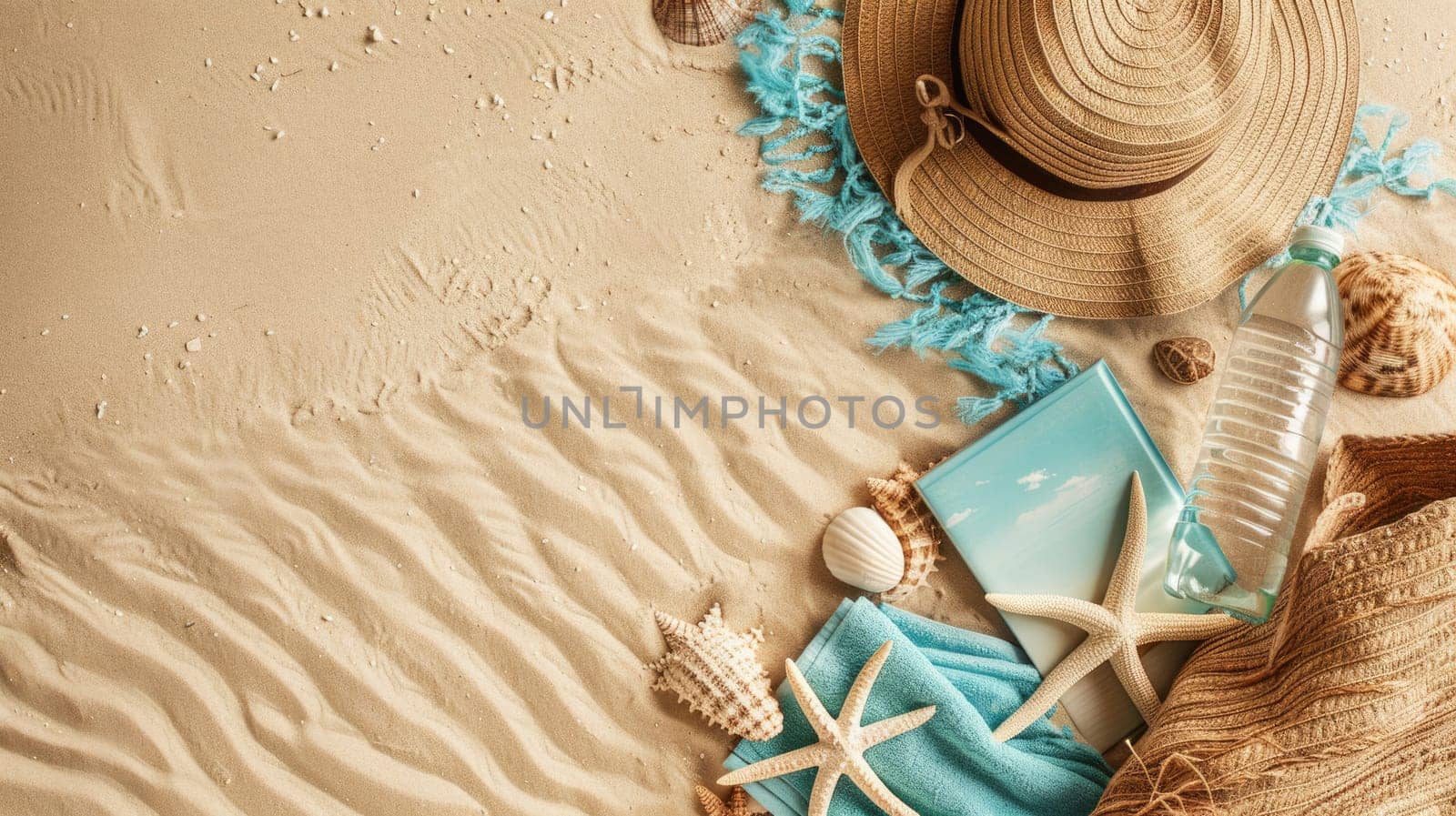 A wooden arch frames the circle of soil where a glass bottle and a fur hat lay on the sandy beach, an eyelash caught on the bottle like a delicate event unfolding AIG50