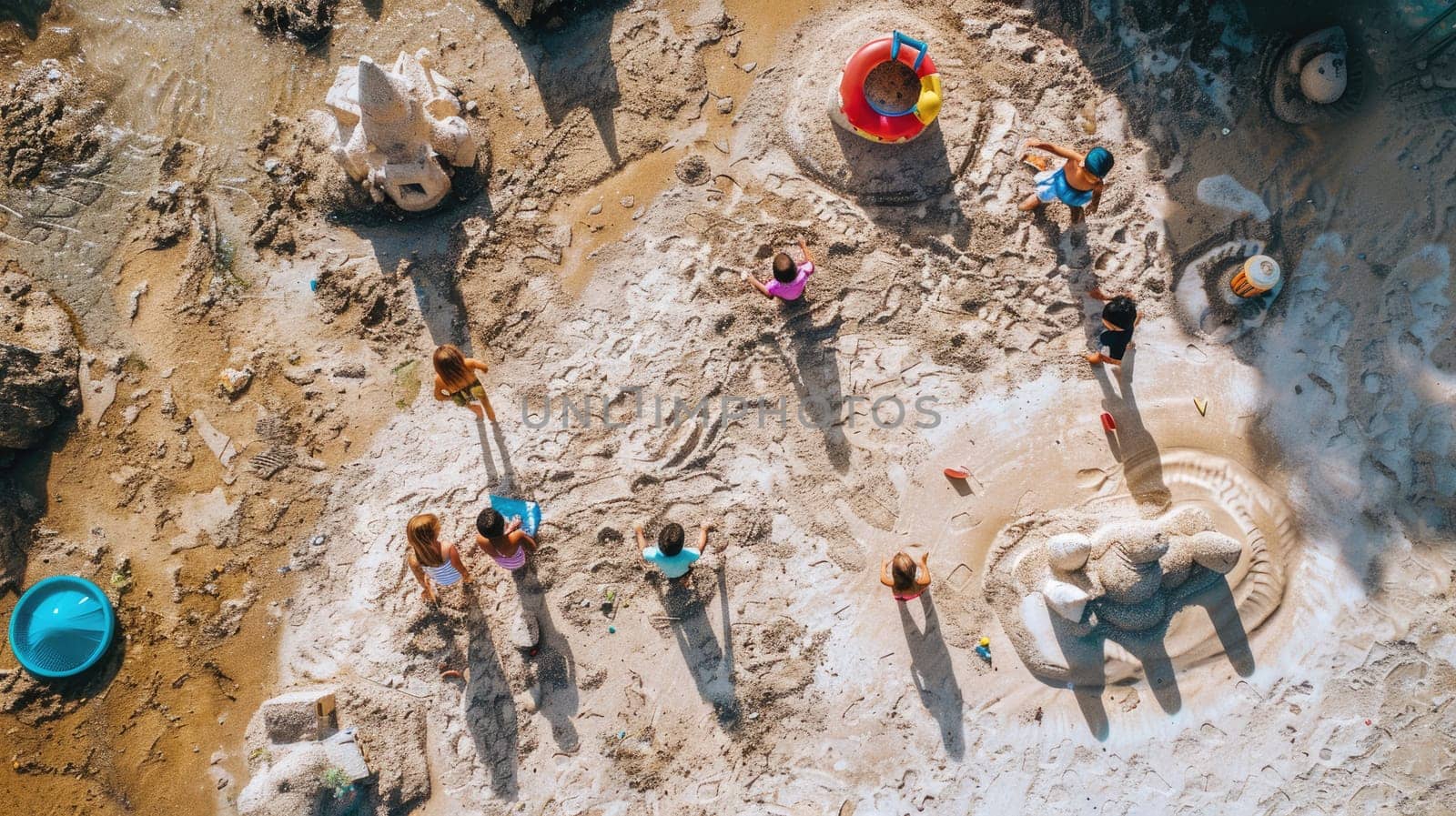 A group of children are leisurely playing in the sand on a beach, creating art and exploring the rock landscape. The beach offers a perfect setting for recreation and adventure AIG50