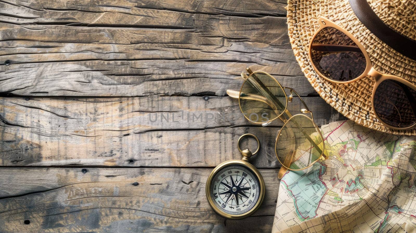A stylish display of a hat, compass, sunglasses, and a map on a wooden table. The wood adds an artistic touch to this collection of travel essentials AIG50
