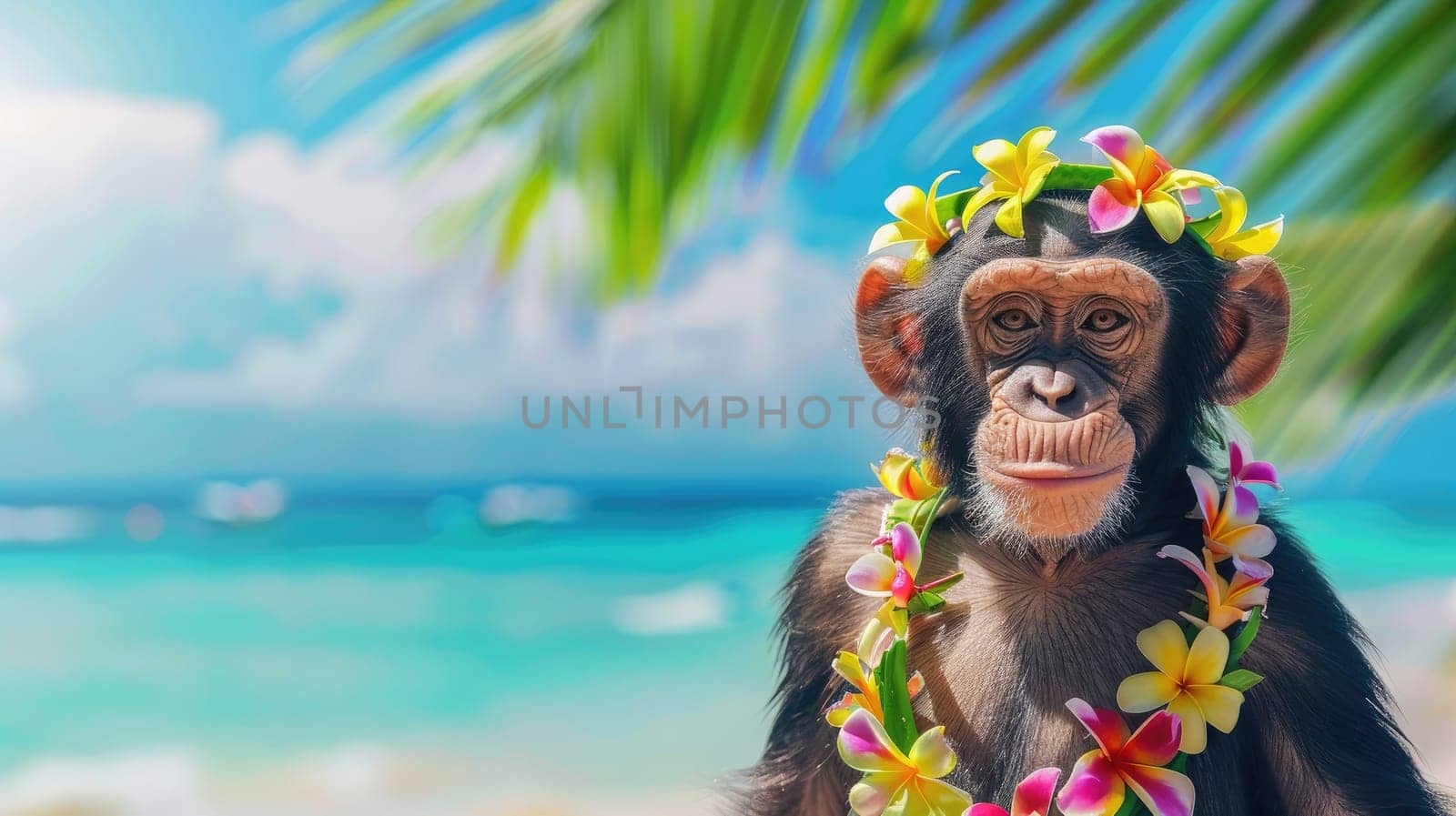 Summer background, Cool monkey with hawaiian costume tropical palm and beach background, Generative AI by nijieimu