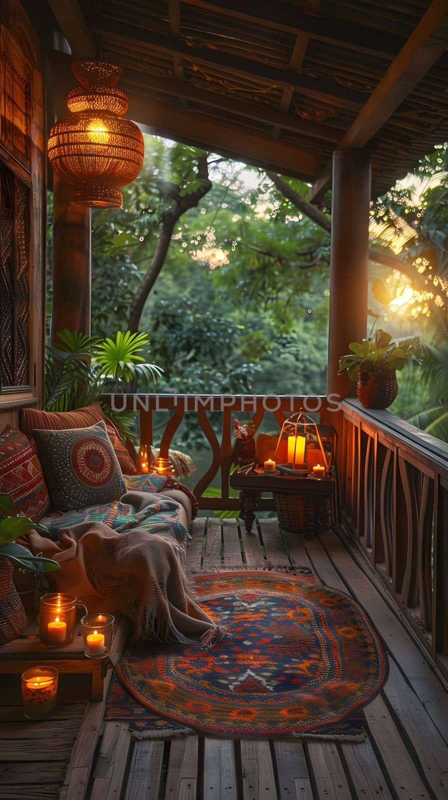A cozy wooden porch featuring a couch, rug, lanterns, and candles, creating a relaxing outdoor space perfect for leisure and enjoying natural landscapes