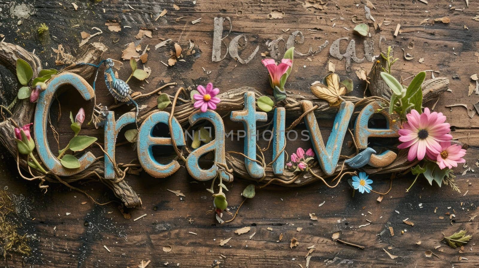 The letter of be creative in variant texture with wooden fence background and natural colorful flower blooming, leaf, and plant decorated with 3D design. Spring season concept. Lettering. AIG42.