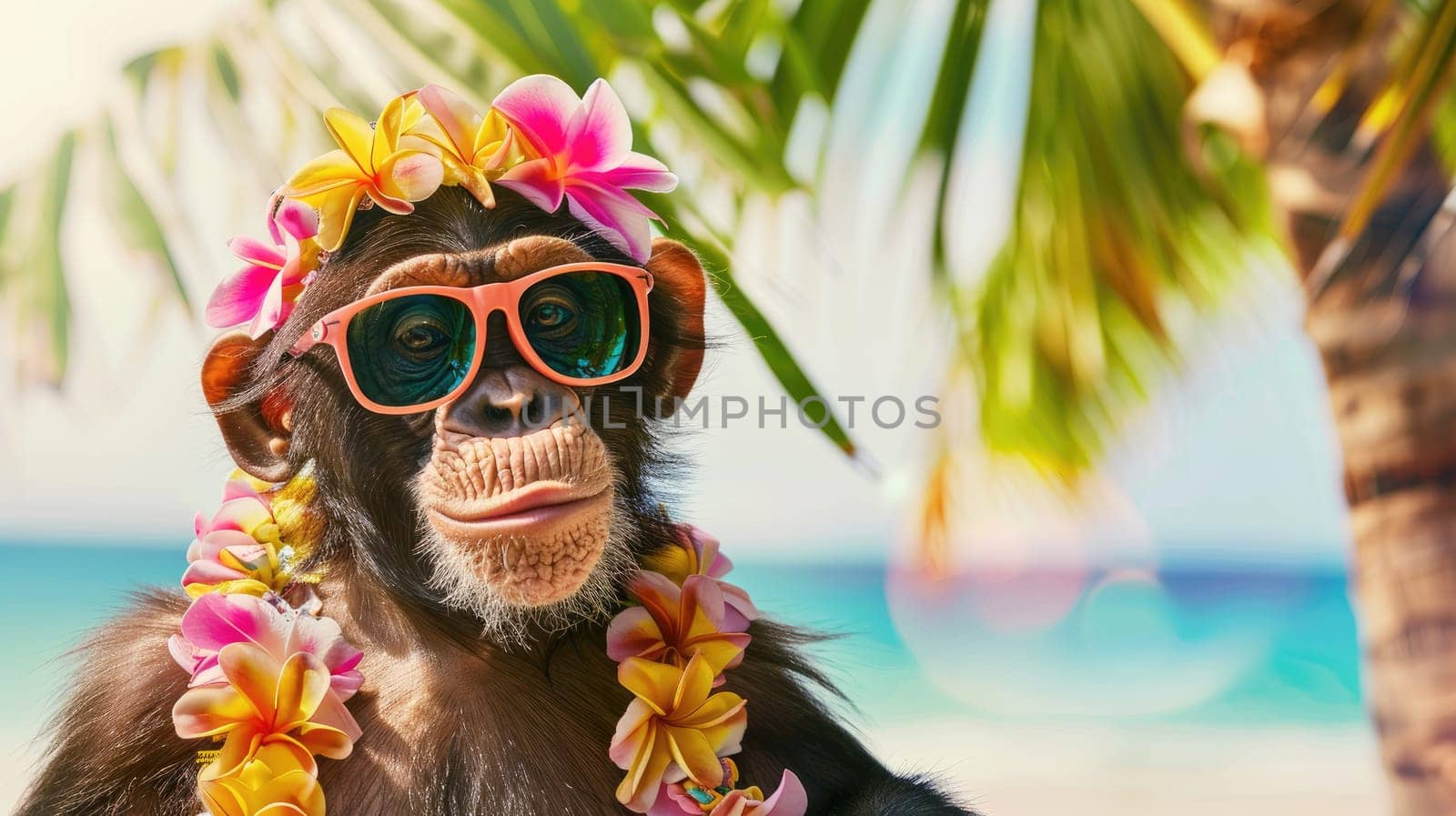 Summer background, Cool monkey with hawaiian costume tropical palm and beach background, Generative AI.