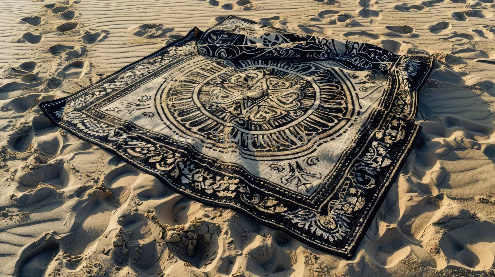 A rug with an electric blue pattern lies on the sandy beach, contrasting with the neutral landscape of sand and rocks. The motif creates a striking art piece amidst the geology of the wood flooring AIG50