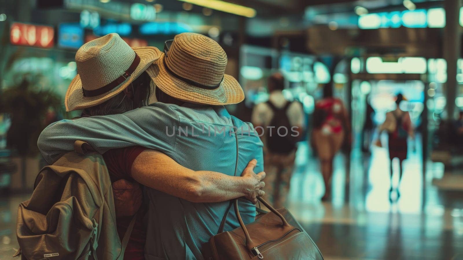 People at the airport hugging, Sharing a hug in airport, Until next time.