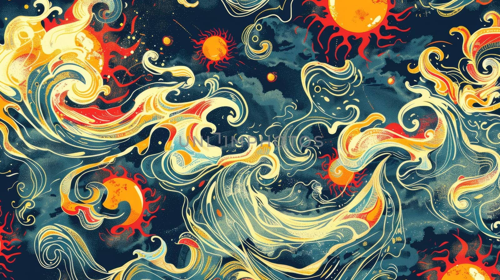 Textile sleeve featuring an intricate pattern of suns, moons, and swirls on a black background. The design incorporates elements of organisms, plants, and art in electric blue, aqua, and symmetry AIG50