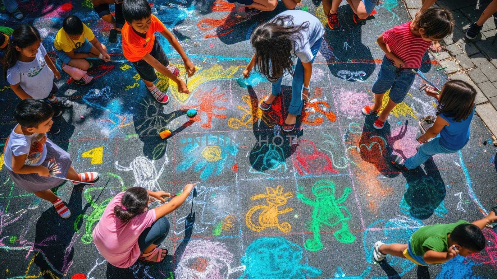 A happy group of children are engaging in leisurely sports and recreation by sitting on the ground, drawing with chalk. AIG41