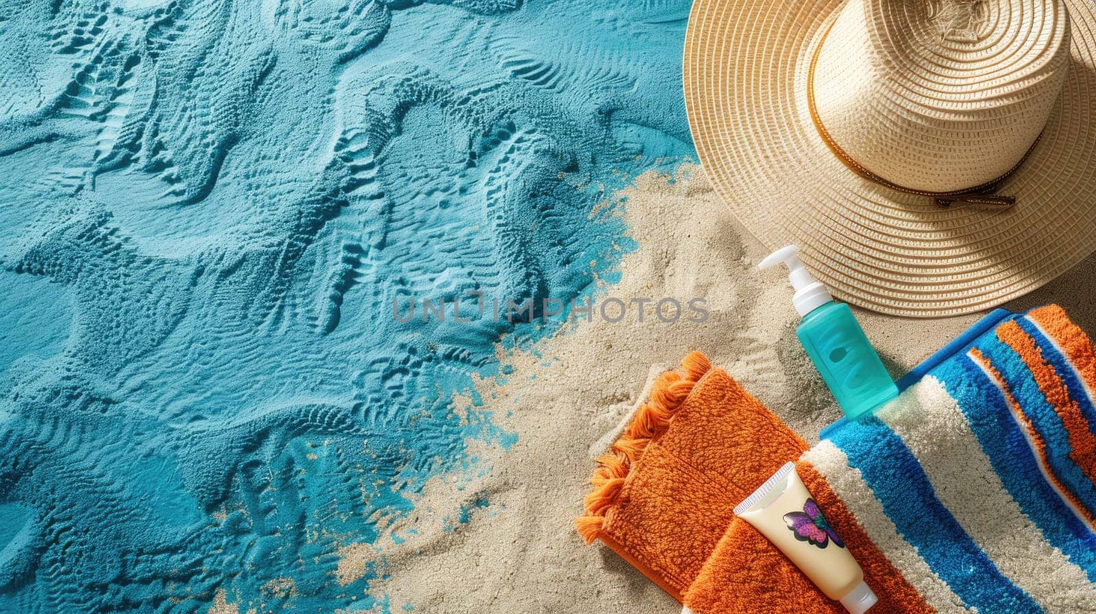 A wooden patterned hat lies next to a furry peachcolored towel on the beach, with a musical instrument tucked under the brim and a mask of a fictional character nearby AIG50