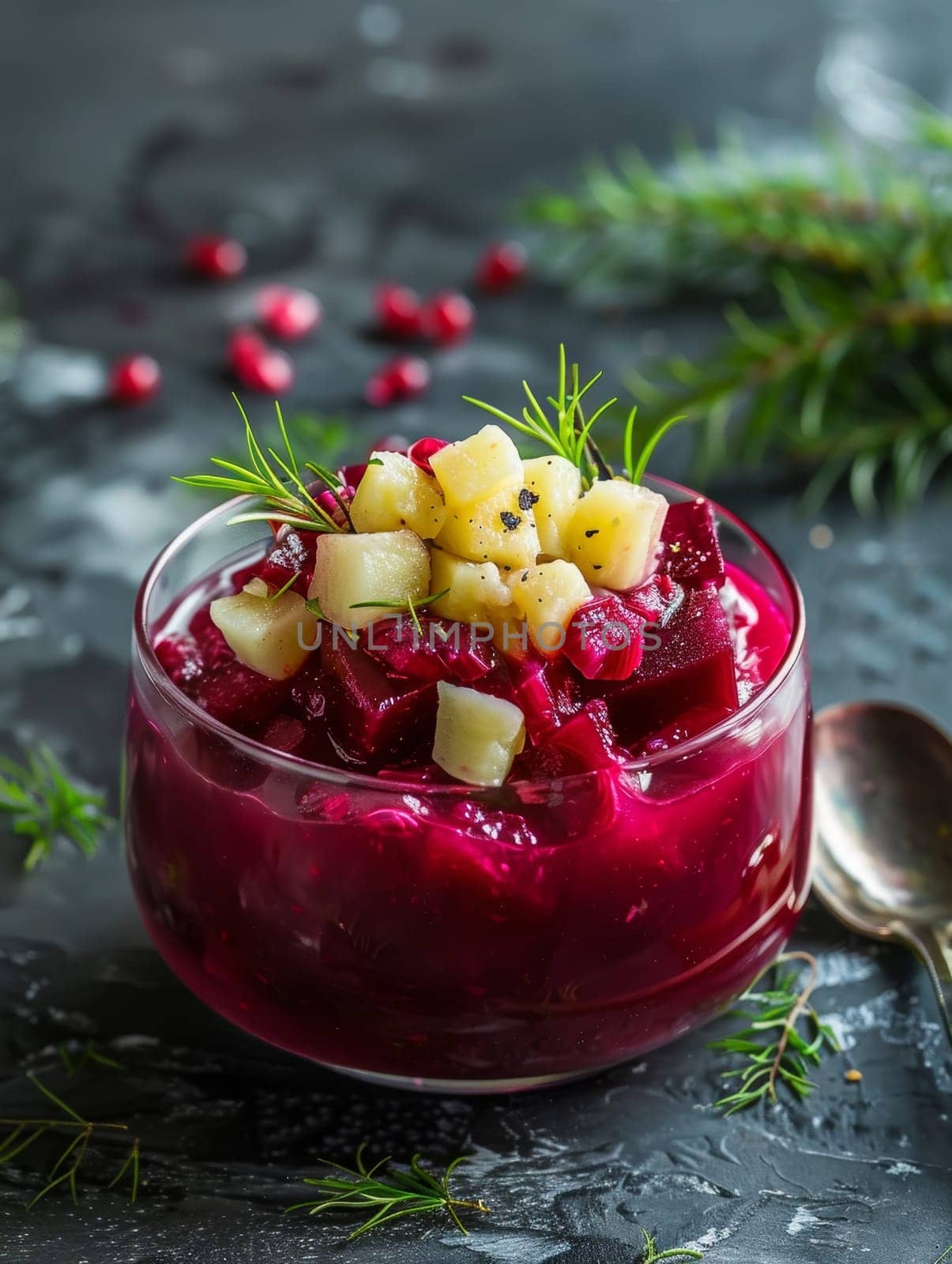 Traditional Lithuanian borscht saltibarsciai, a cold beet soup Chaladnik, served in a glass bowl with boiled potatoes. A refreshing and healthy summer meal. by sfinks