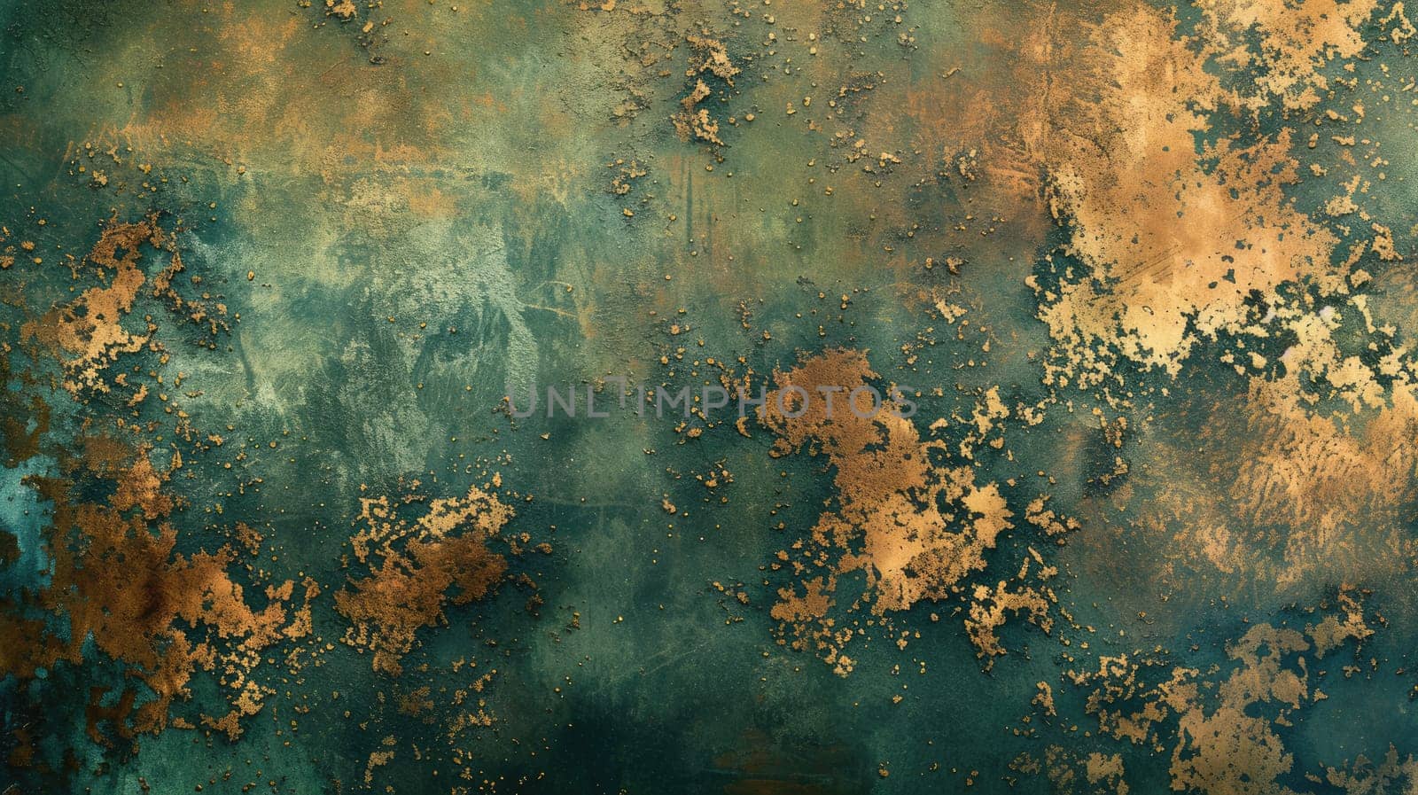 An artistic texture abstract background of green and gold painted on wall. Beautiful painting painted with oil colored or acrylic or watercolor in green and gold colors with canvas texture. AIG42.