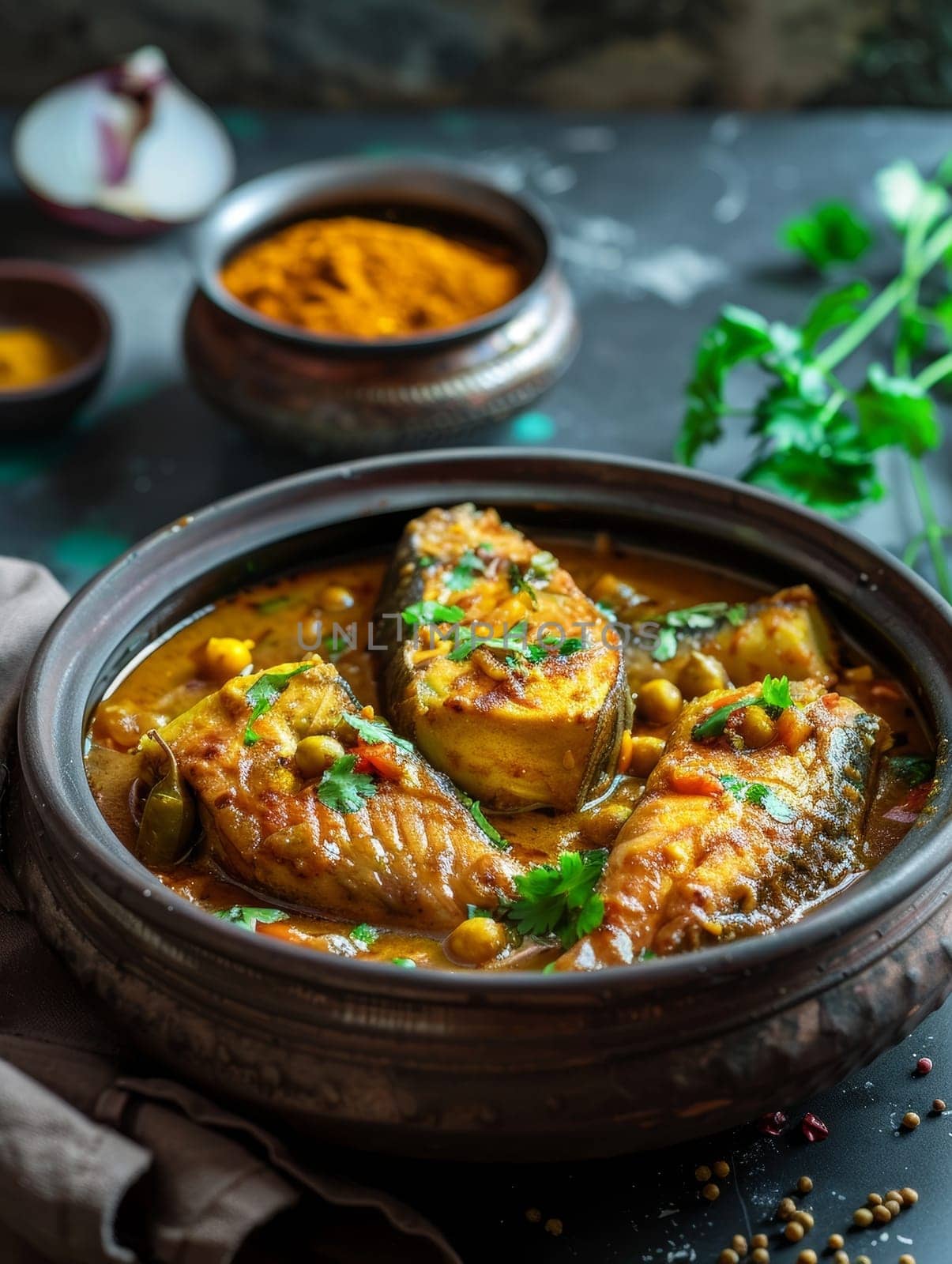 Aromatic Bangladeshi Hilsa fish curry served in a traditional bowl, seasoned with vibrant turmeric and flavorful mustard seeds. A delightful representation of South Asian cuisine. by sfinks