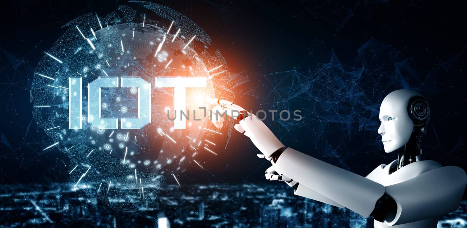 MLP 3d illustration Internet connection controlled by AI robot and machine learning process to analyze data connectivity and cyber security. 3D illustration.