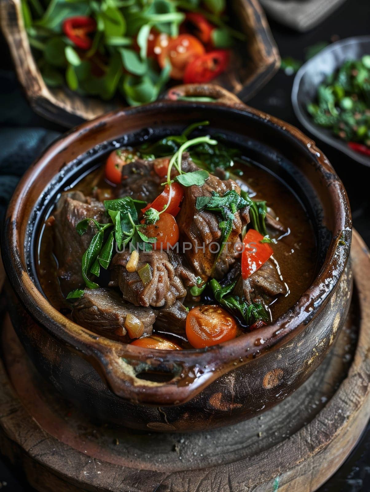 Malagasy romazava, a traditional beef stew with mixed greens and tomatoes, served in a clay pot. A flavorful dish from Madagascar. by sfinks