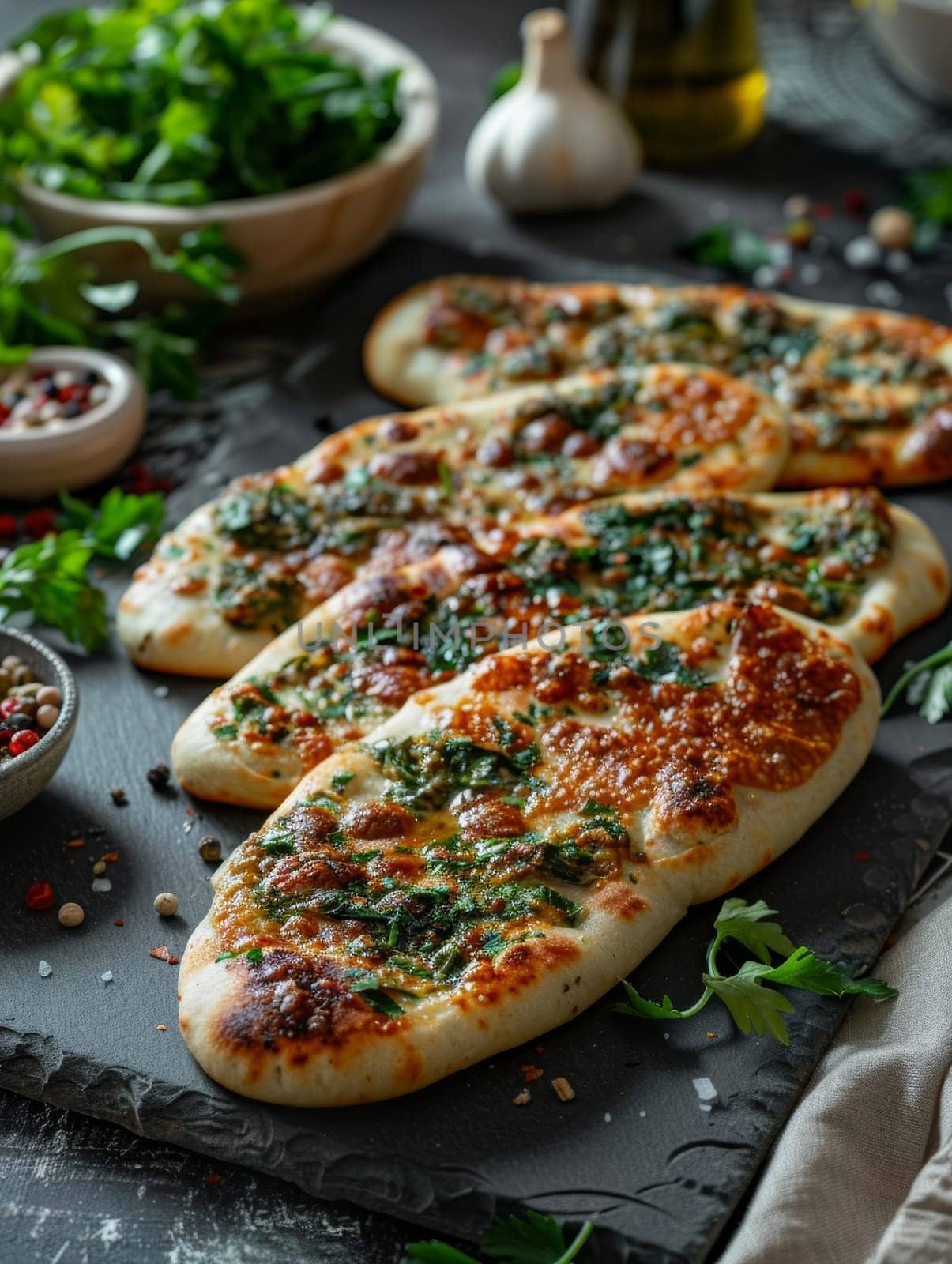 Azerbaijani qutab, stuffed flatbreads with greens or minced meat, served on a slate serving board. A traditional dish from Azerbaijan, delicious and flavorful. by sfinks