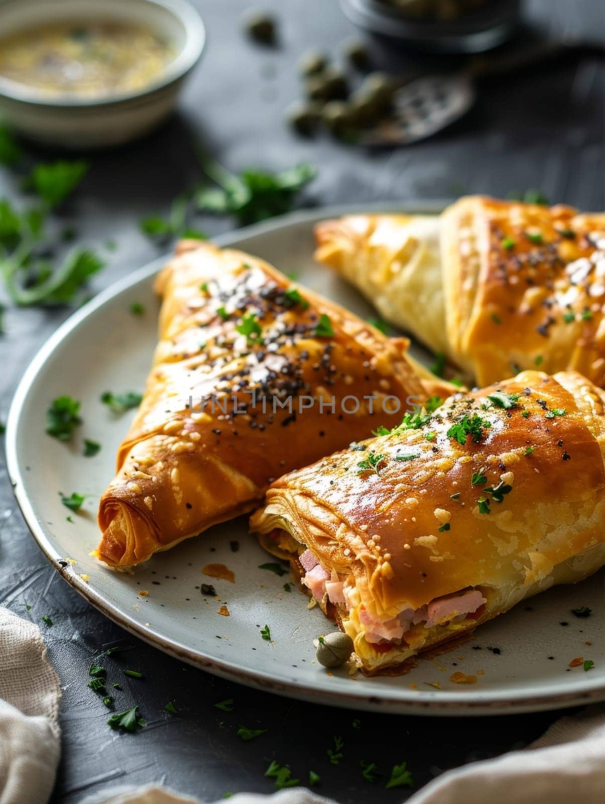 Tunisian brik, a thin pastry filled with egg, tuna, and capers, served on a light plate. A flavorful and traditional dish from Tunisia