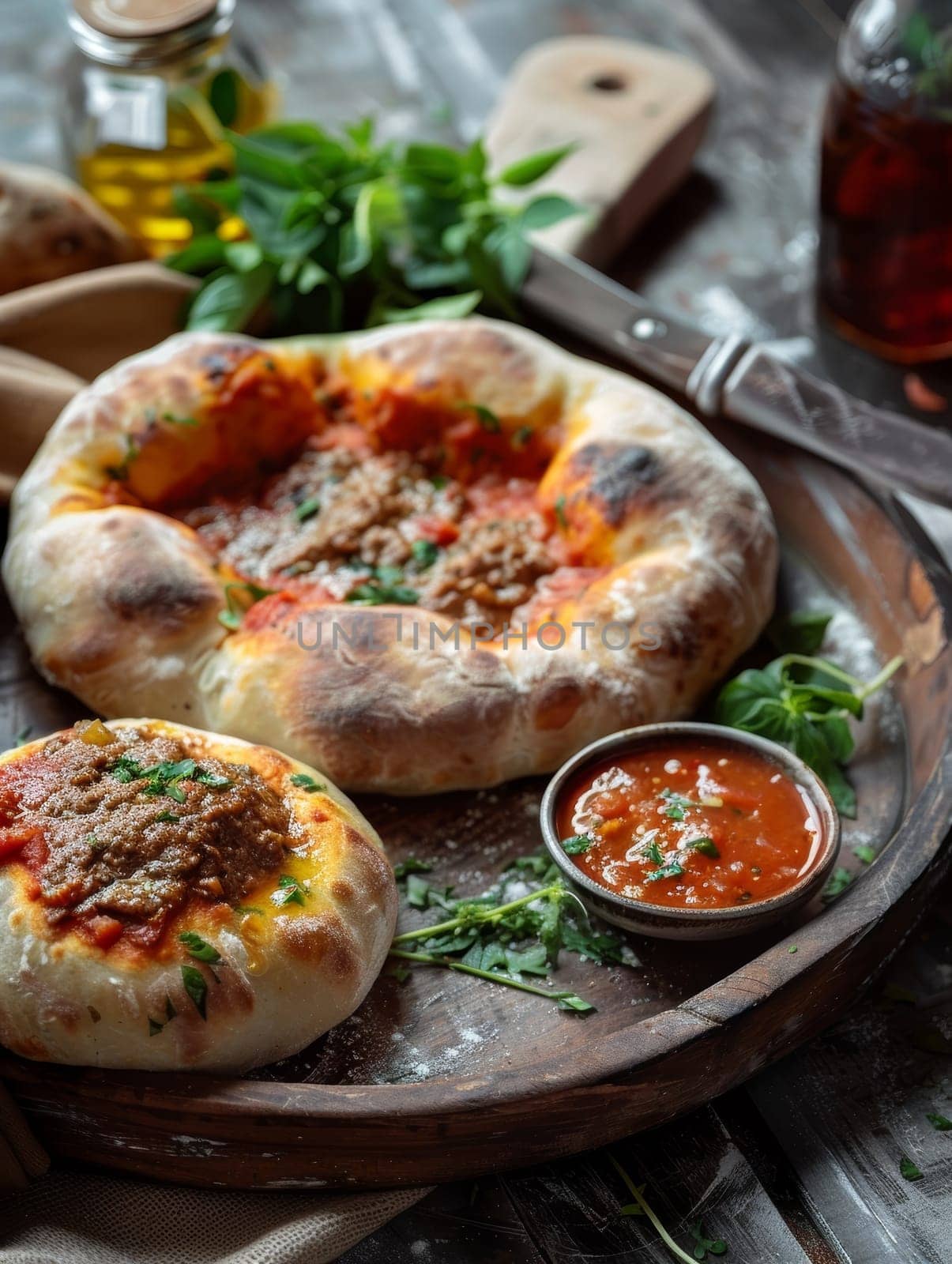 Libyan bazin, a hard dough served with a spicy tomato sauce and meat, presented on a traditional tray. A flavorful and traditional dish from Libya