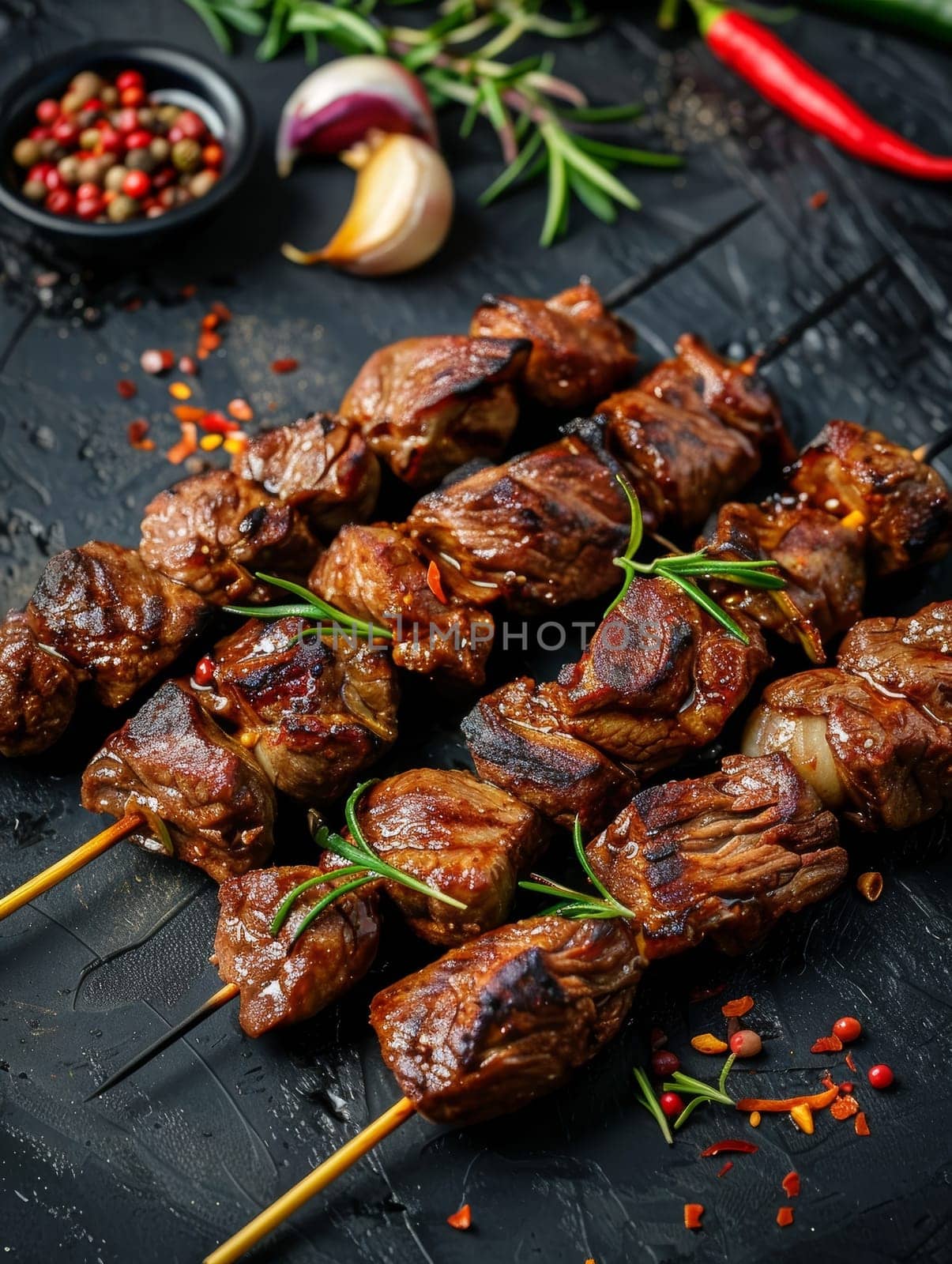 Peruvian anticuchos, grilled heart meat marinated in garlic and spices, served on a skewer. A flavorful and traditional dish from Peru