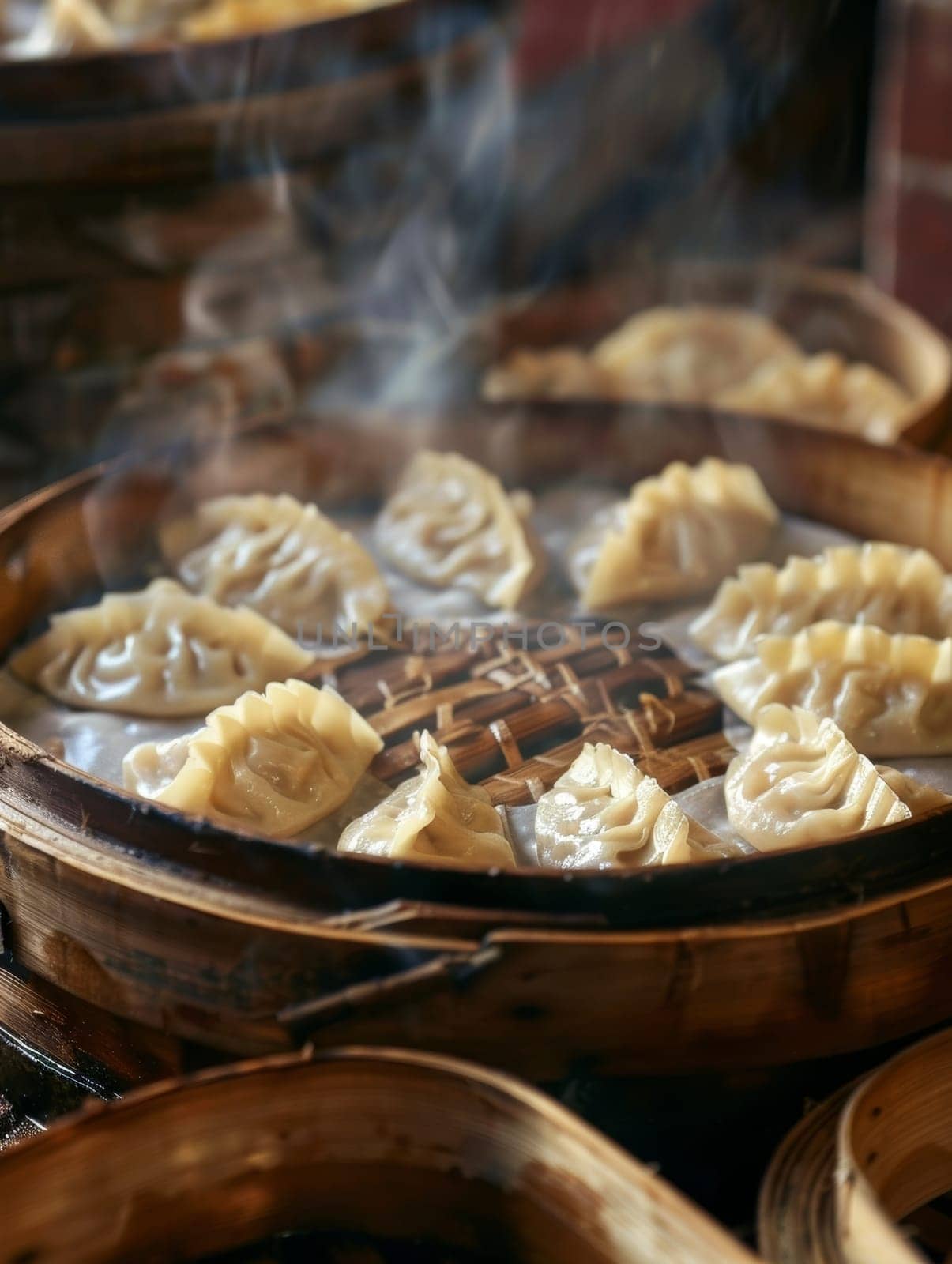 Mongolian buuz, steamed dumplings filled with meat, served on a bamboo steamer tray. A traditional and delicious dish from Mongolia. by sfinks