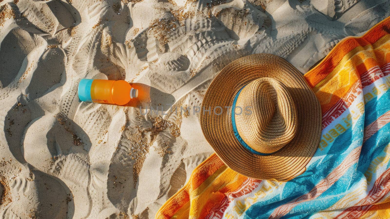 A wooden patterned hat lies next to a furry peachcolored towel on the beach, with a musical instrument tucked under the brim and a mask of a fictional character nearby AIG50