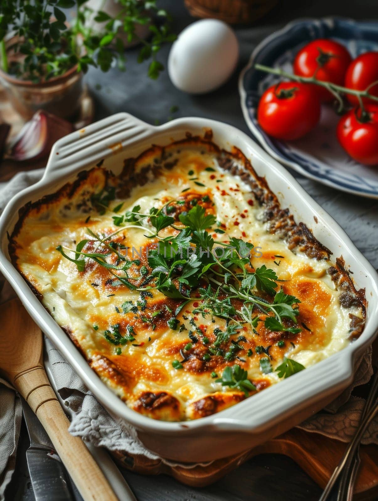 Albanian tave kosi or tave elbasani, lamb baked in a yogurt and egg custard, served in a baking dish. A flavorful and traditional Albanian dish