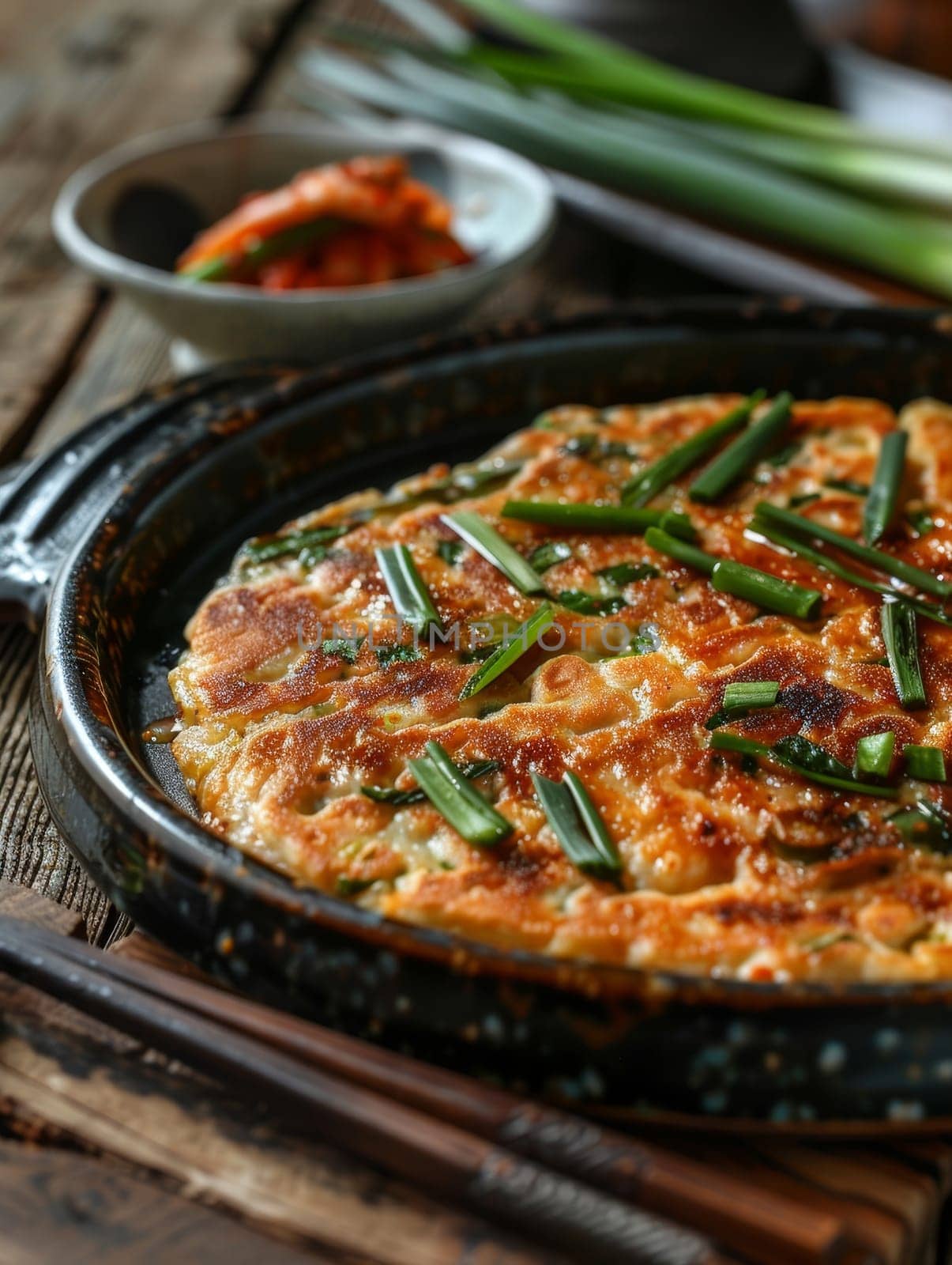 South Korean haemul pajeon, a seafood pancake with scallions, served on a ceramic dish. A traditional and flavorful dish from Korea