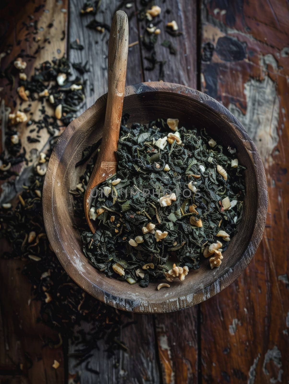 Burmese tea leaf salad lahpet thoke, fermented tea leaves with nuts and seeds, served in a wooden bowl. A traditional and flavorful dish from Burma. by sfinks