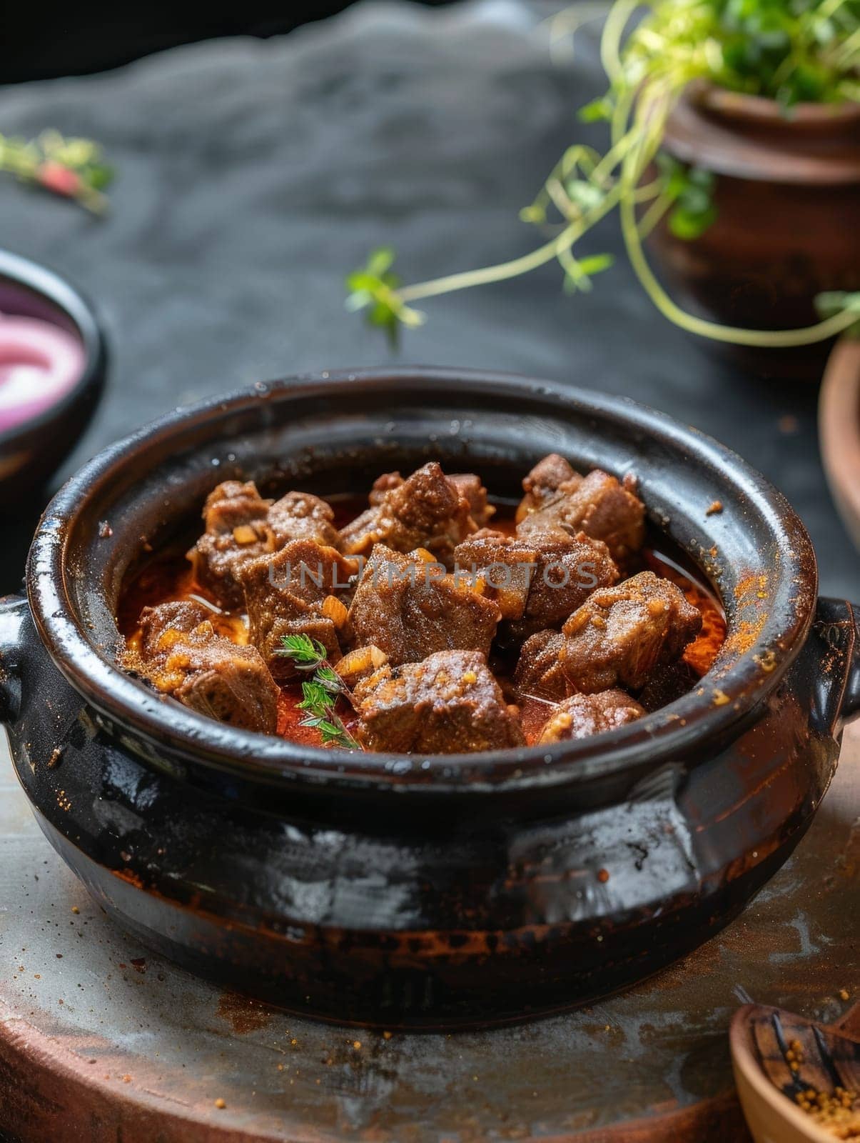 Omani shuwa, slow-roasted lamb marinated in a rich spice blend, served in a traditional serving pot. A traditional and flavorful dish from Oman
