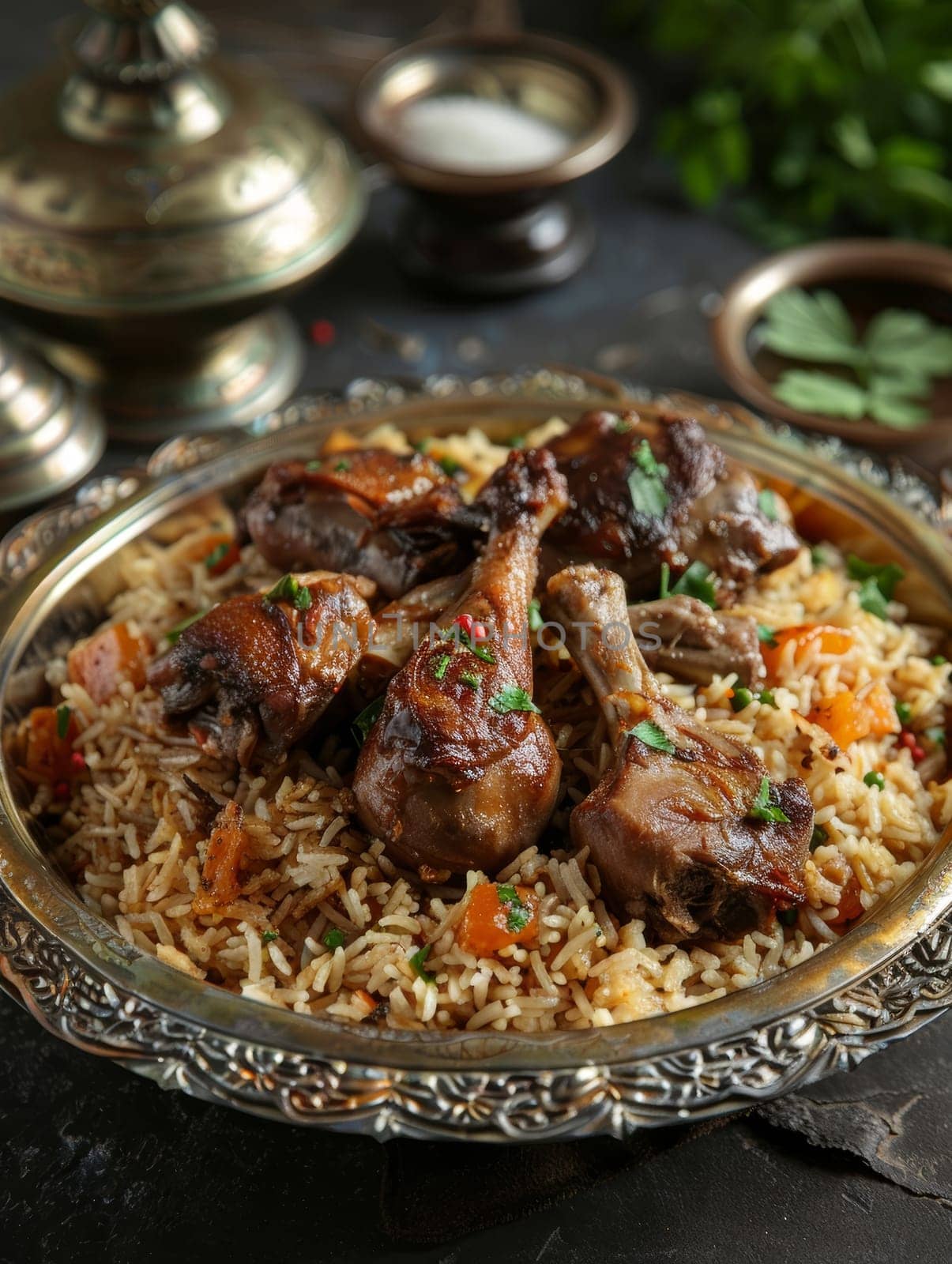 Kuwaiti machboos, spiced rice with chicken or lamb, served on a decorative plate. A traditional and flavorful dish from Kuwait