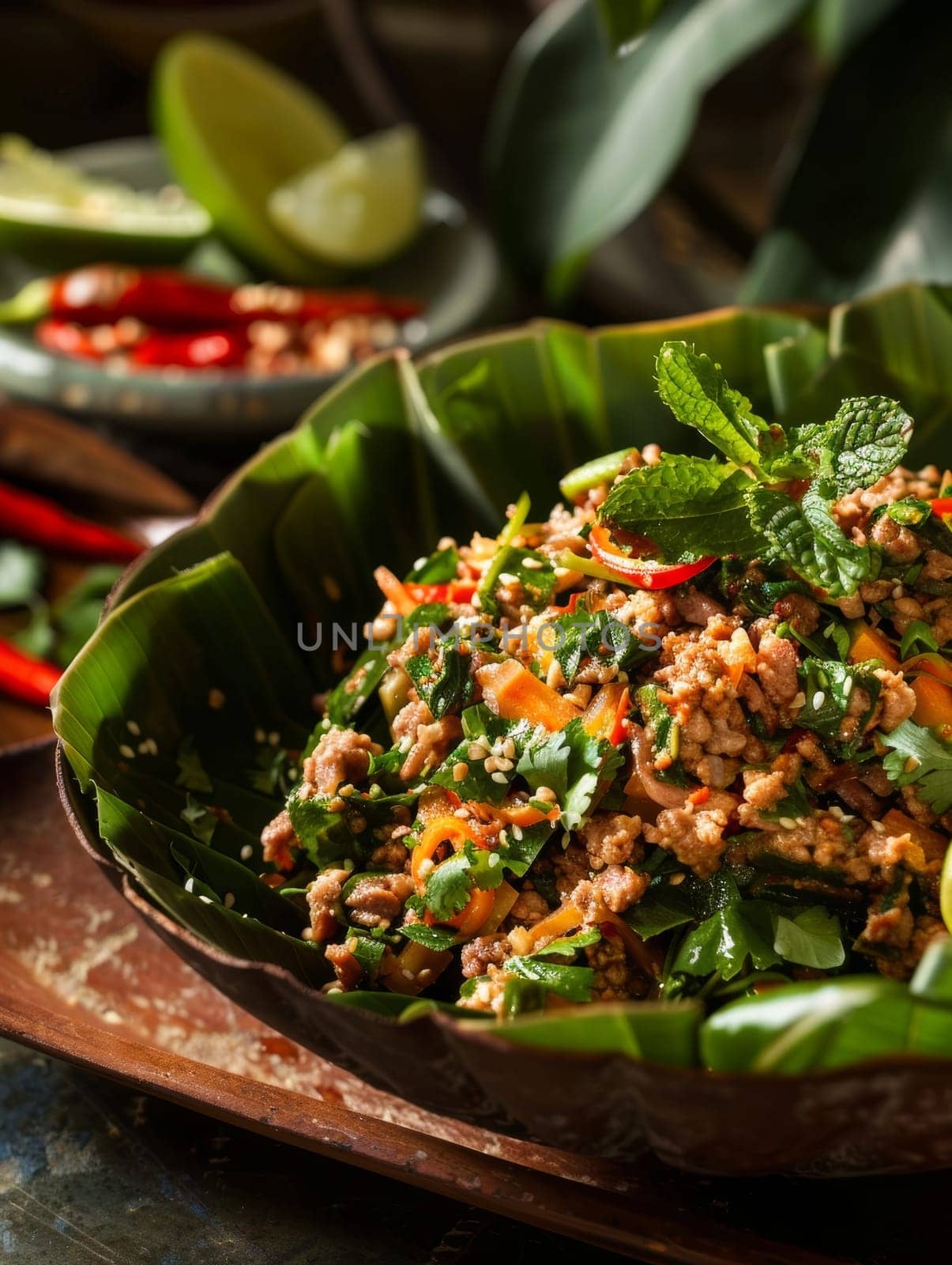 Laotian larb, spicy minced meat salad with lime and herbs, served in a banana leaf bowl. A traditional and flavorful dish from Laos