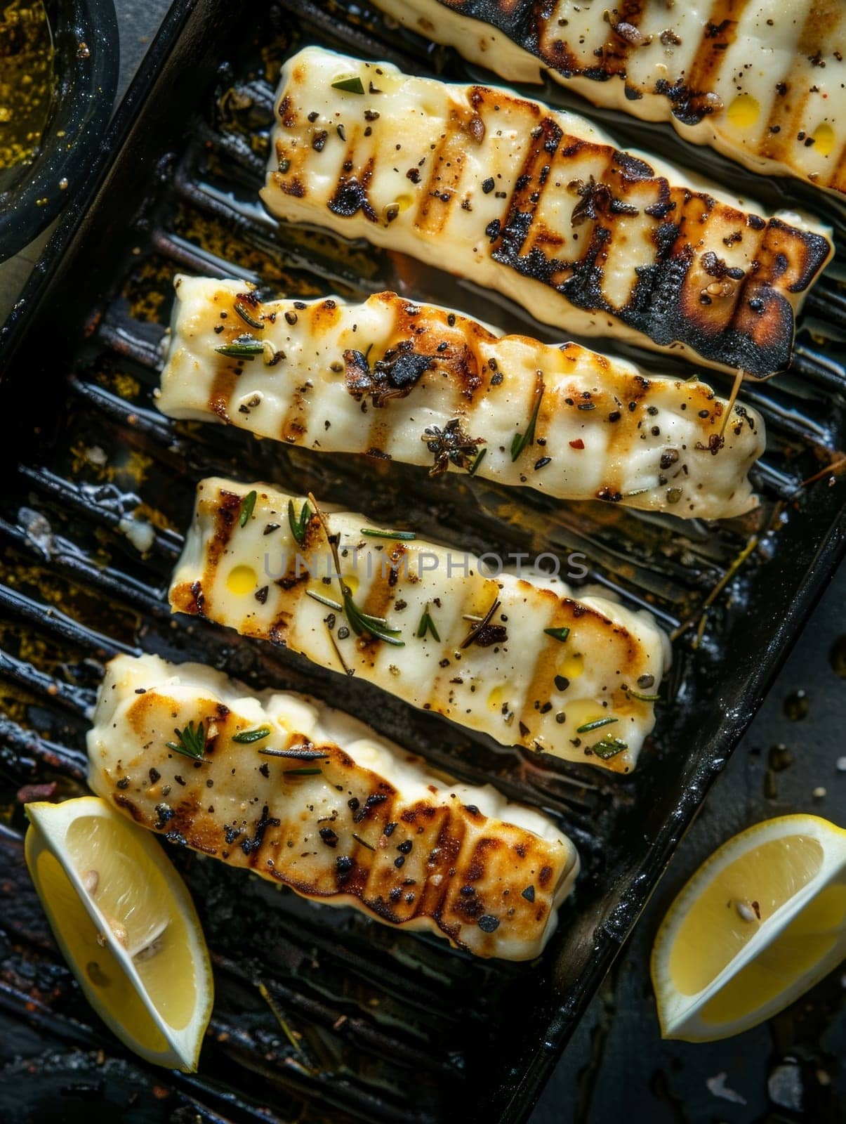 Cypriot halloumi on a grill, served with lemon wedges and a drizzle of olive oil. A delicious and traditional dish from Cyprus. by sfinks