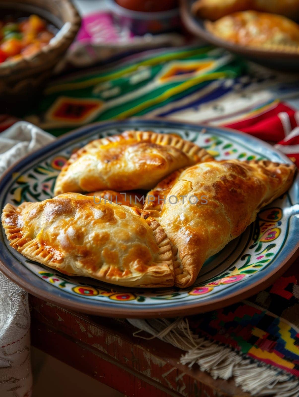 Bolivian saltenas, baked pastries filled with meat and spicy sauce, served on a colorful ceramic plate. A traditional and flavorful dish from Bolivia. by sfinks