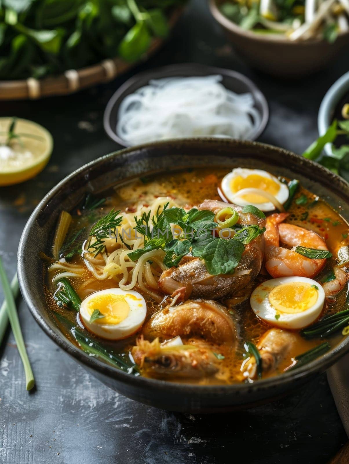 Myanmar mohinga, fish broth soup with noodles and lemongrass, served in a bowl. A traditional and flavorful dish from Myanmar