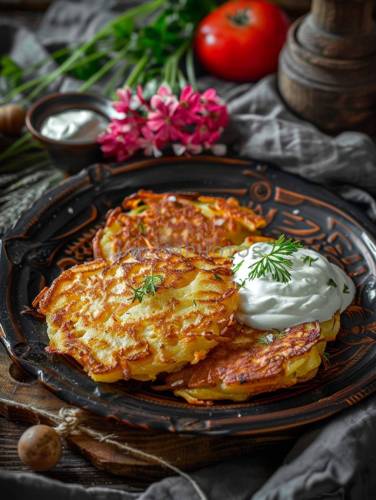 Belarusian draniki, thick potato pancakes served with sour cream, on a traditional plate. A hearty and traditional dish from Belarus. by sfinks