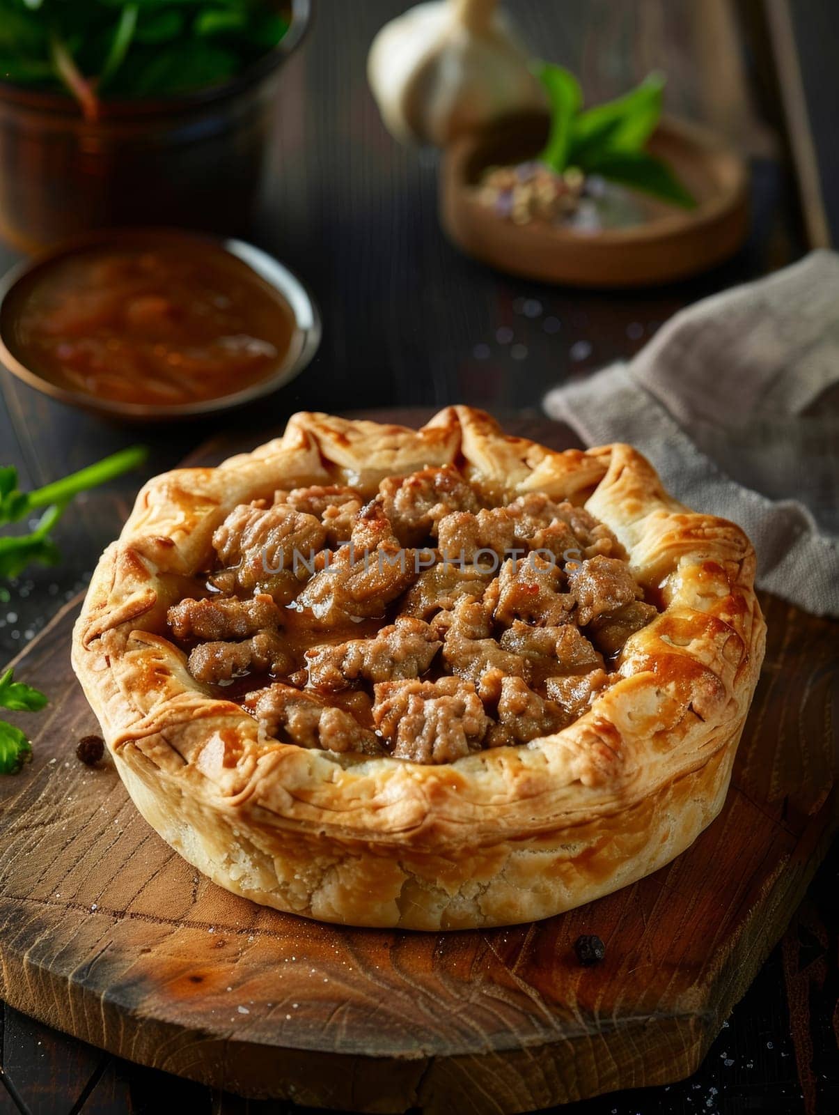 Australian meat pie, flaky crust filled with minced meat and gravy, served on a wooden board. A traditional and flavorful dish from Australia. by sfinks