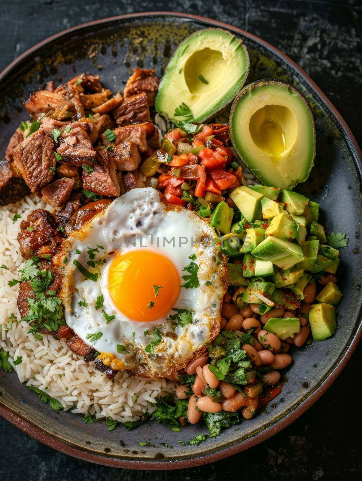 Colombian bandeja paisa on a large round platter, featuring beans, rice, pork, avocado, and fried egg. A traditional and hearty dish from Colombia