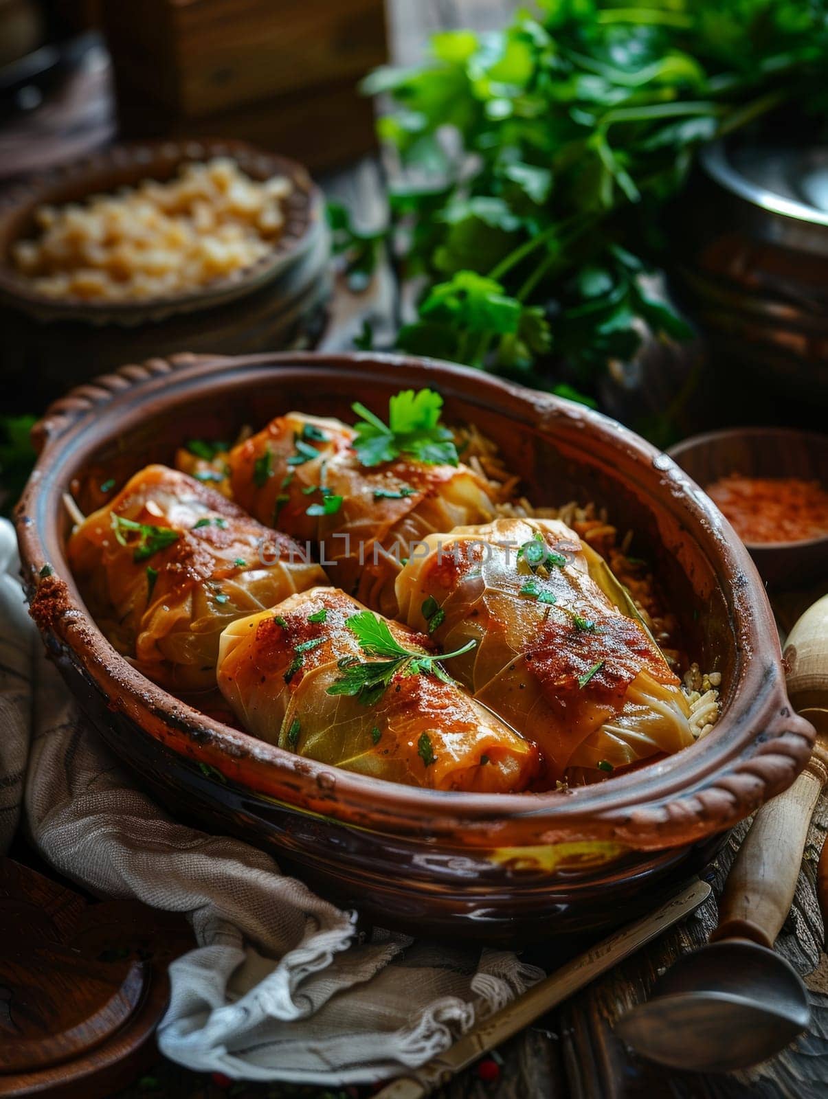 Romanian sarmale in a clay dish, cabbage rolls stuffed with minced meat and rice. A traditional and flavorful dish from Romania