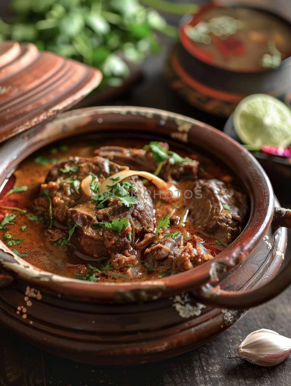 Pakistani nihari in a clay pot, a slow-cooked spicy beef stew. A traditional and flavorful dish from Pakistan. by sfinks