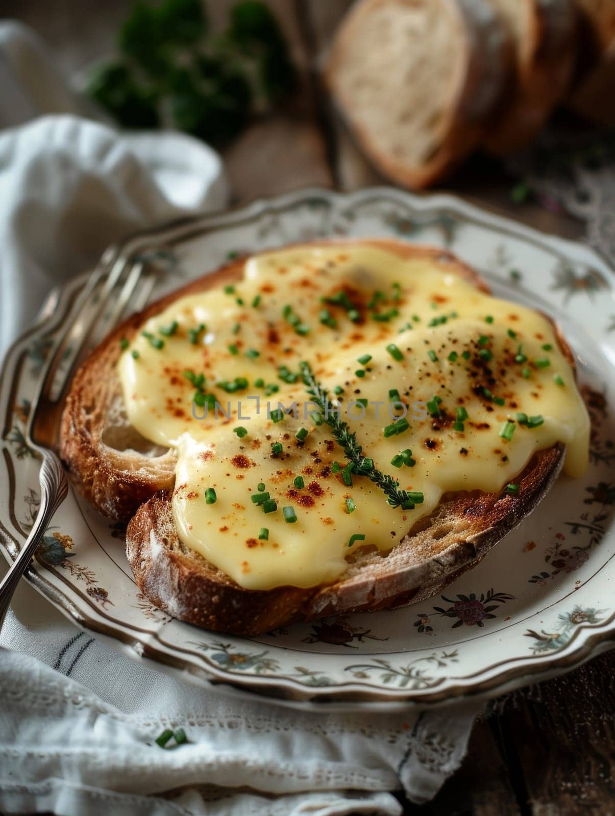 Welsh rarebit on a vintage ceramic plate, toasted bread topped with a savory cheese sauce. A traditional and tasty dish