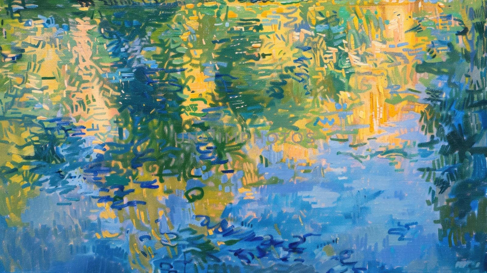 An art piece capturing a tranquil river with trees reflected in the fluid water, showcasing the beauty of the natural landscape AIG50
