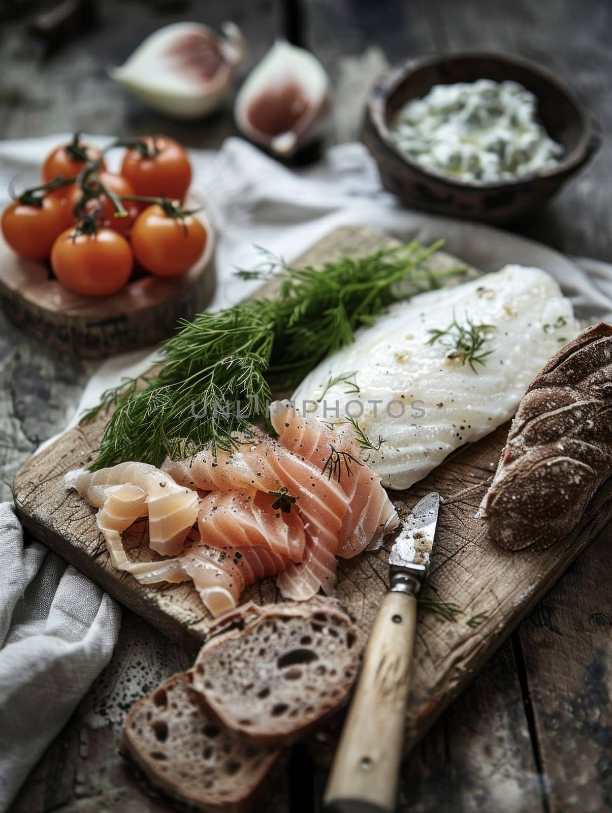 Icelandic fermented shark hakarl presented on a rustic wooden board with rye bread. A unique and traditional Icelandic dish