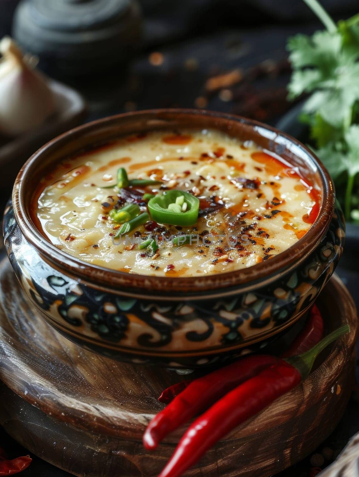 Bhutanese ema datshi in a traditional bowl, with spicy chili peppers and cheese. A traditional and flavorful dish from Bhutan. by sfinks