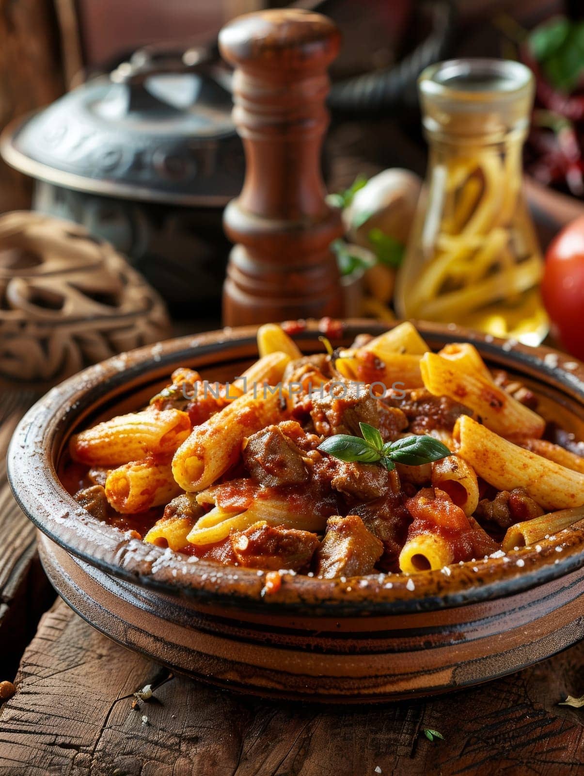 Libyan mbakbaka in a traditional tagine, pasta cooked with spicy tomato sauce and meat. A flavorful and traditional dish from Libya