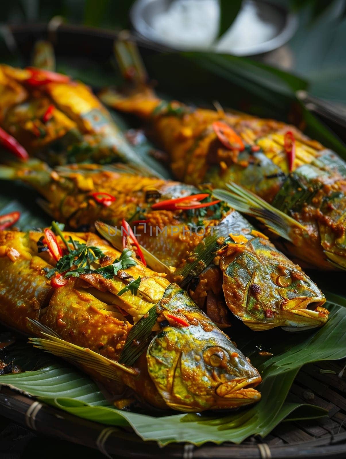 Cambodian amok fish in banana leaves, steamed with curry paste and coconut milk. A traditional and flavorful dish from Cambodia. by sfinks