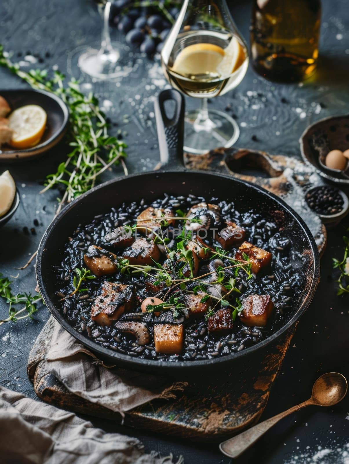 Croatian crni rizot in a skillet, black risotto made with squid ink. A traditional and flavorful dish from Croatia