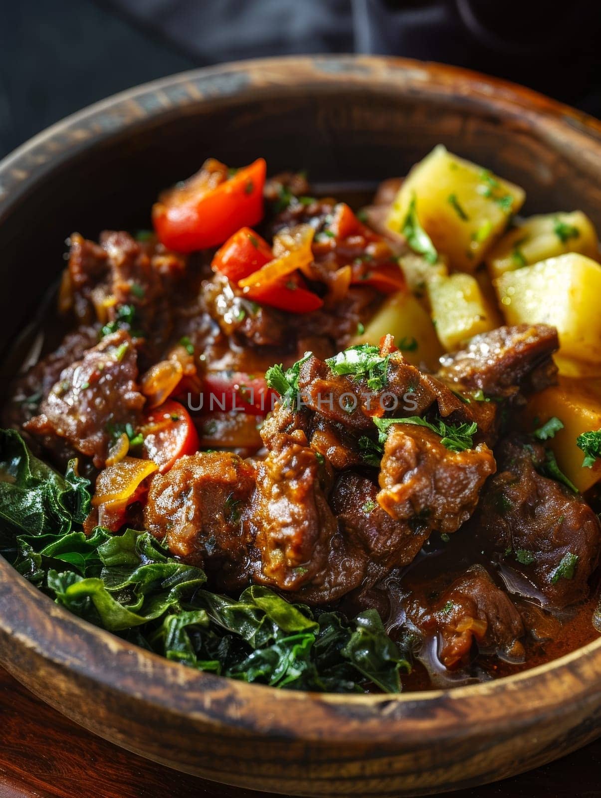 Zimbabwean sadza in a wooden bowl, with a side of greens and meat stew. A traditional and hearty dish from Zimbabwe. by sfinks