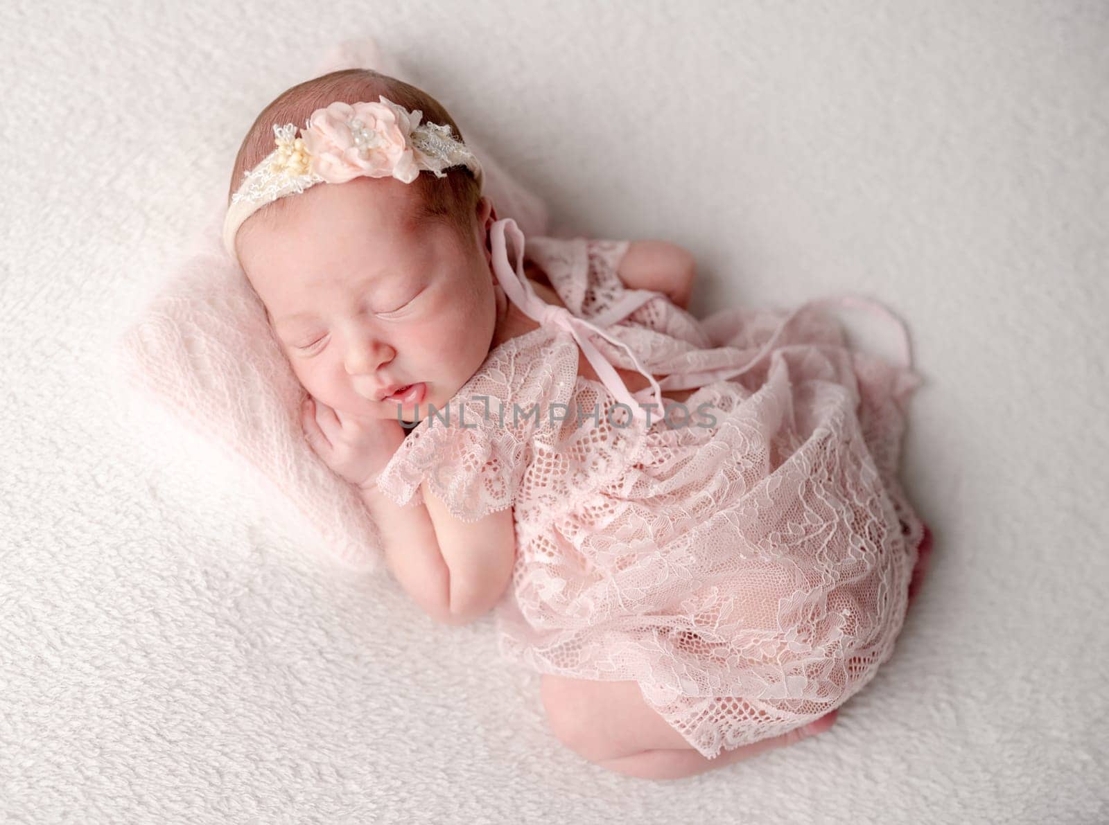 Newborn Girl In Pink Outfit Sleeps With Toy Cat by tan4ikk1