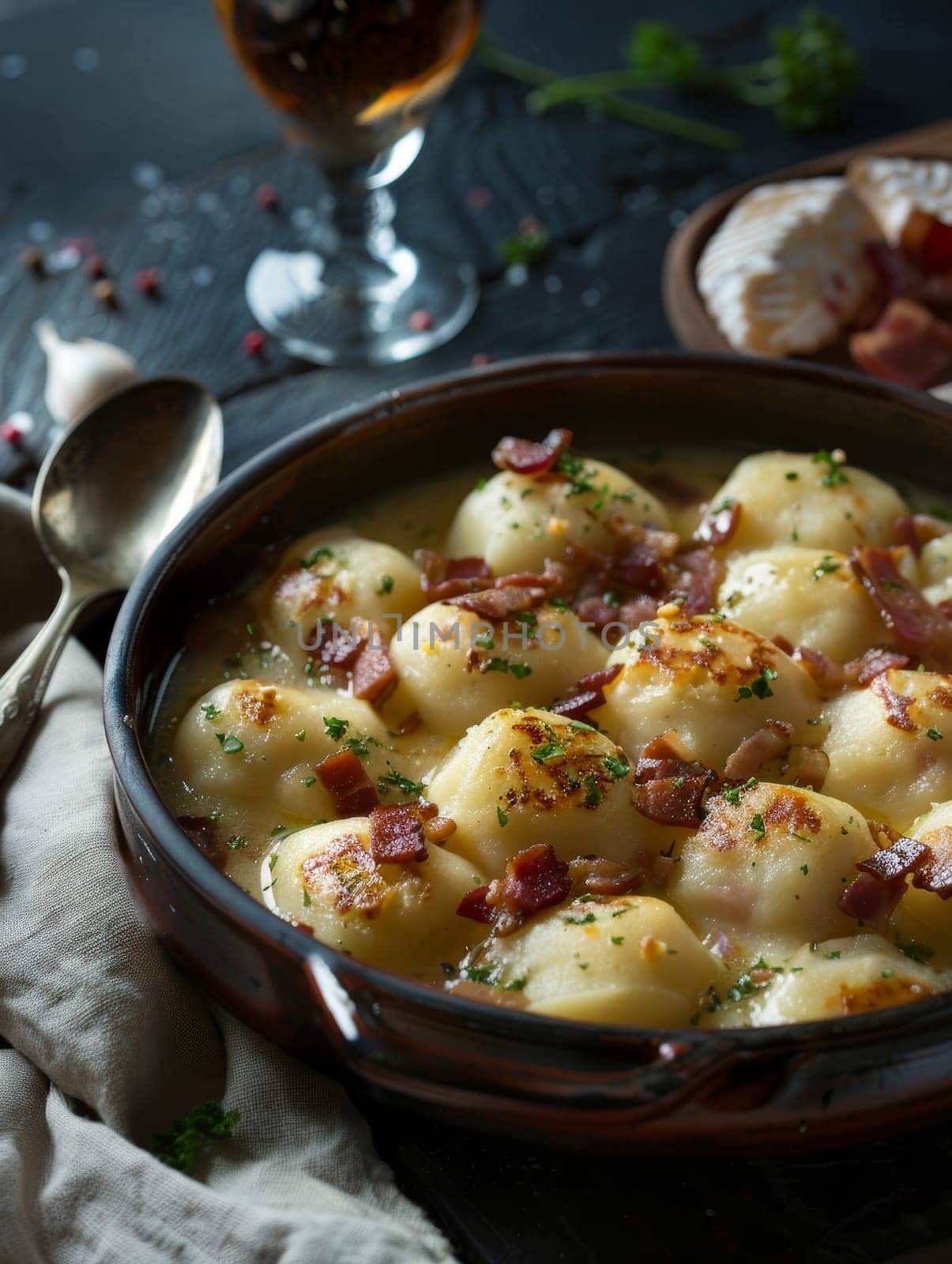 Slovakian bryndzovy halusky in a bowl, potato dumplings with sheep cheese and bacon. A traditional and hearty dish from Slovakia