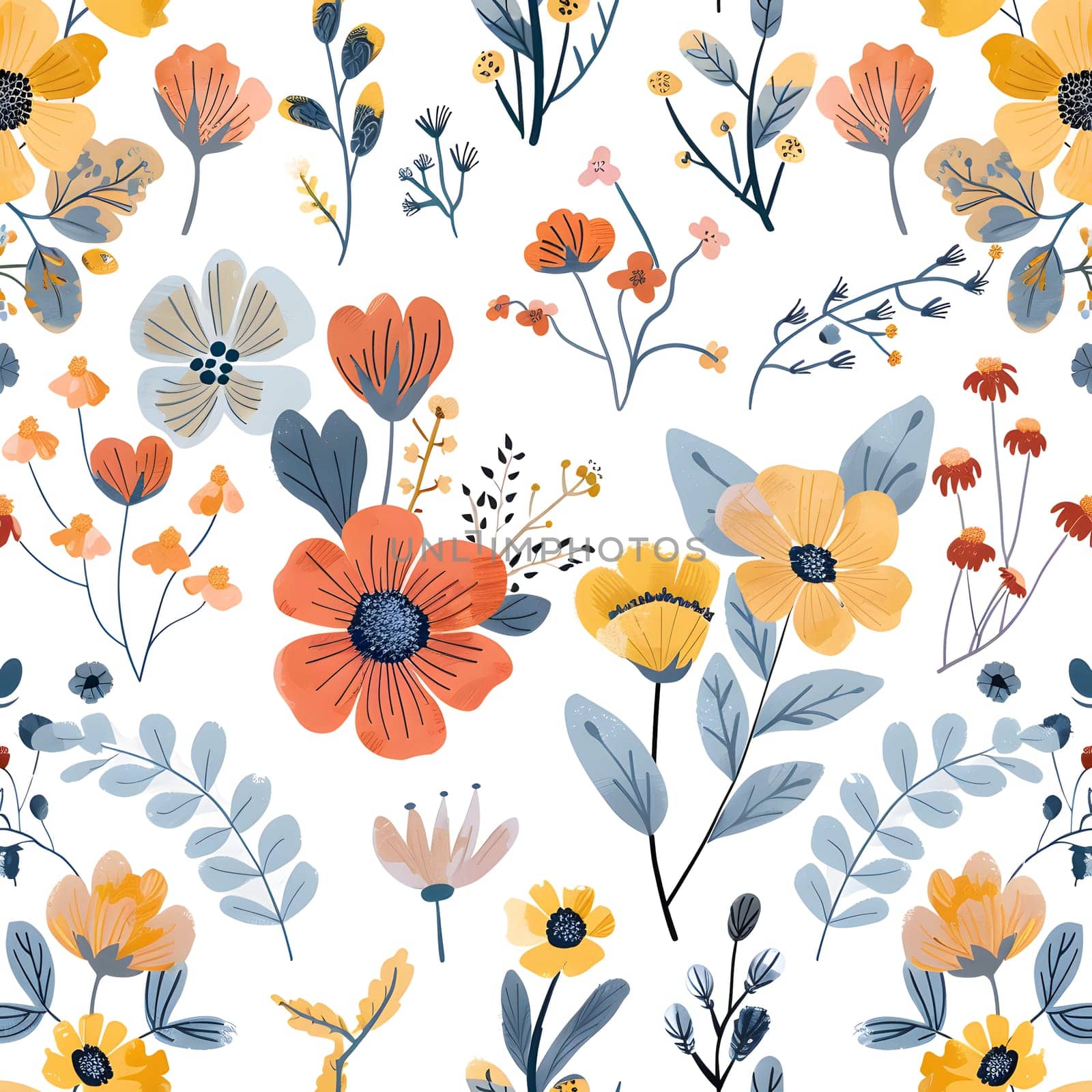 A creative arts design with a seamless pattern of orange flowers and leaves on a white background, forming a beautiful floral motif. Perfect for textiles or art projects