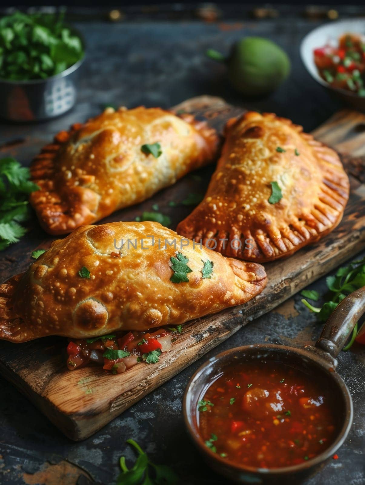 Chilean empanadas on a rustic wooden board, with a side of pebre sauce. A traditional and flavorful dish from Chile